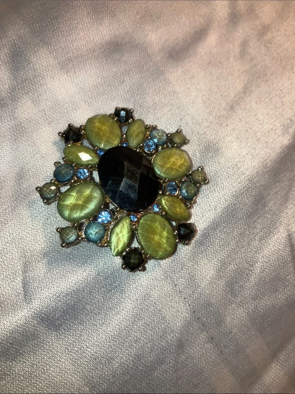 Vintage Green and Blue Floral Crystal Brooch - Elegant Statement Accessory